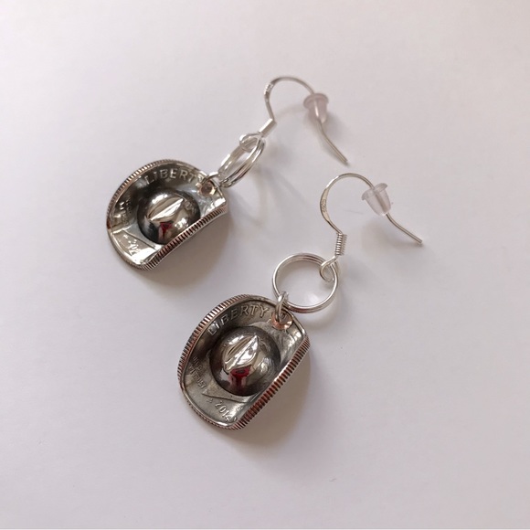Handcrafted Rodeo Western Cowgirl Hat 10 Cent Dime Coin Pierced Drop Earrings - Picture 1 of 7
